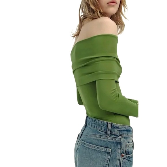 ZARA Bodysuit Long Sleeve Foldover Top Bright Olive Green Silky Smooth Stretch - Picture 2 of 15